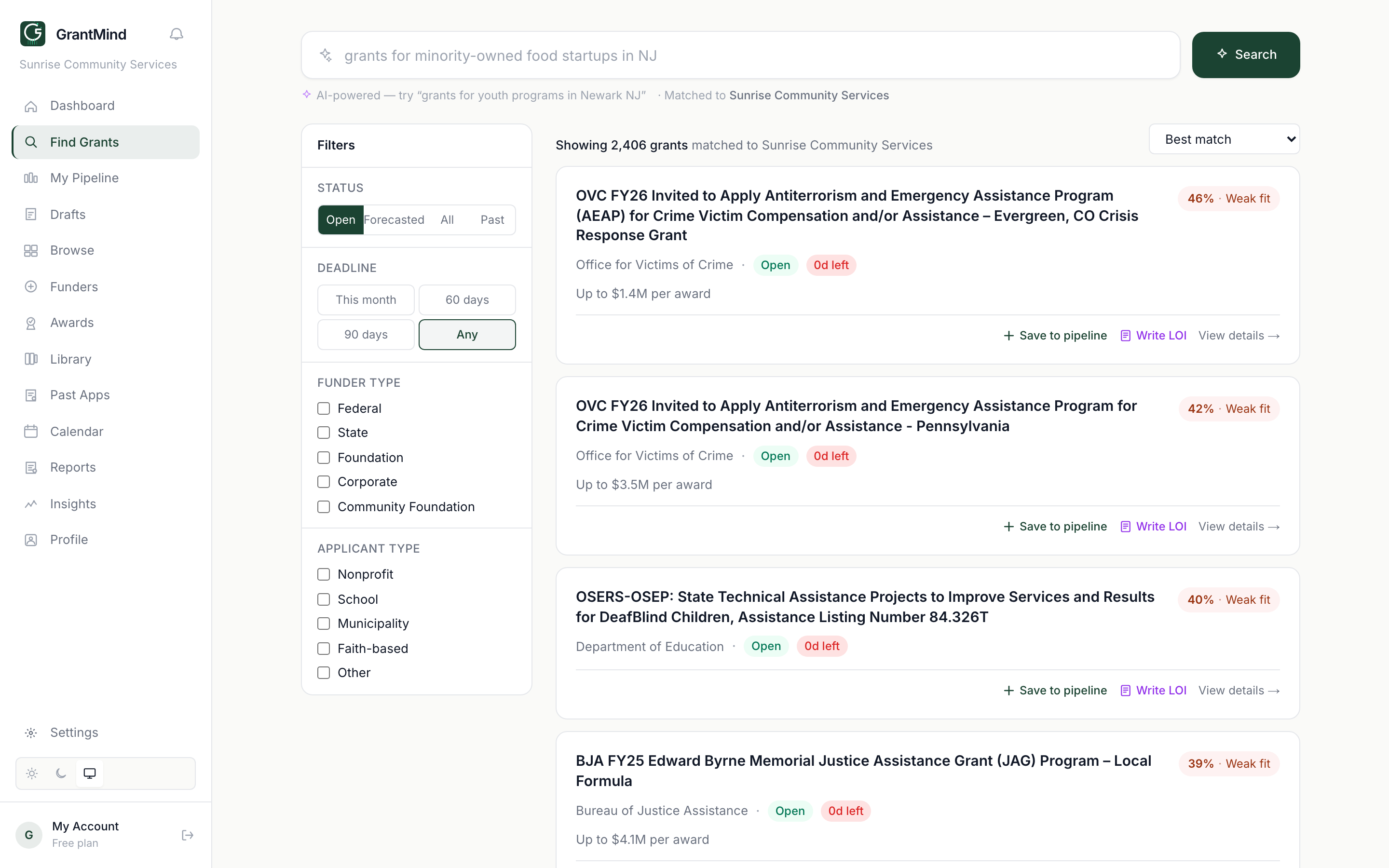AI-powered grant search with match scores and filters